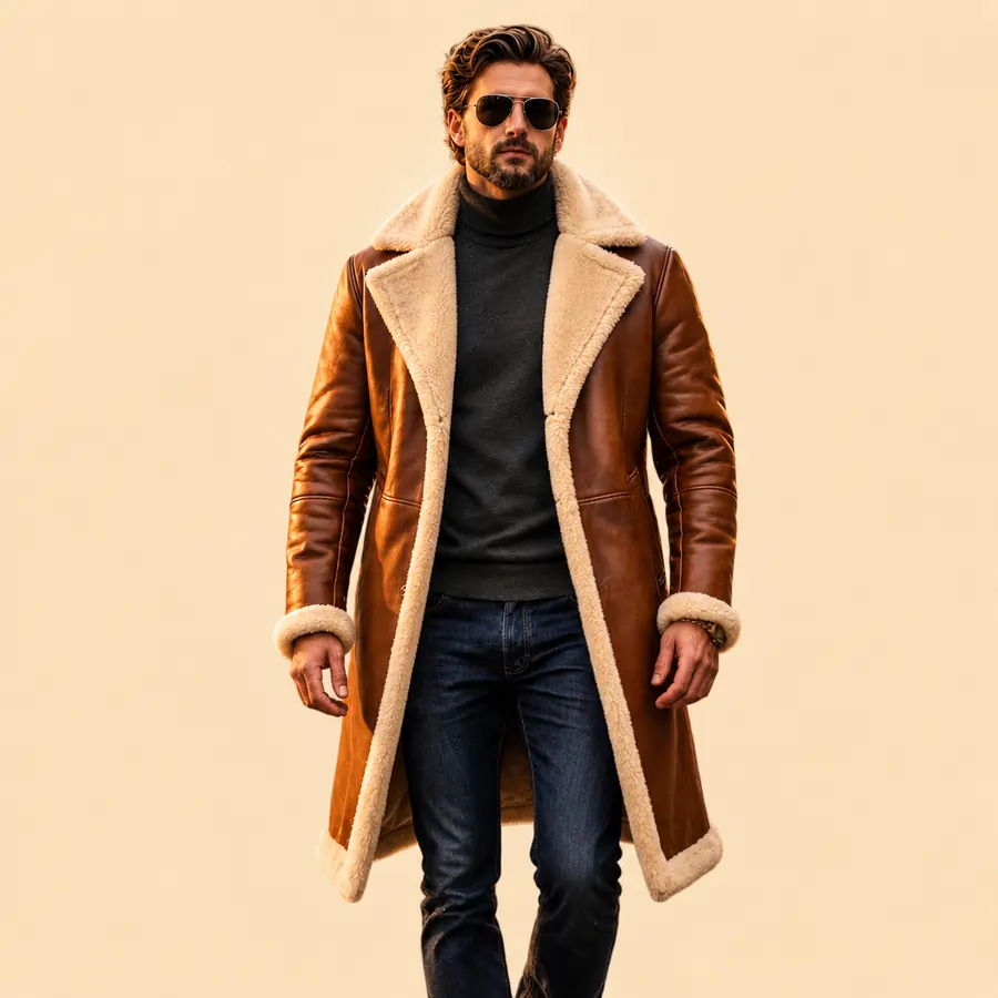 Men's brown shearling leather coat
